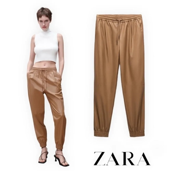 Zara Pants - zara tan faux leather joggers